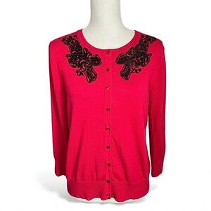 Cable & Gauge Red cardigan sweater with black sequin embellishment holiday retro